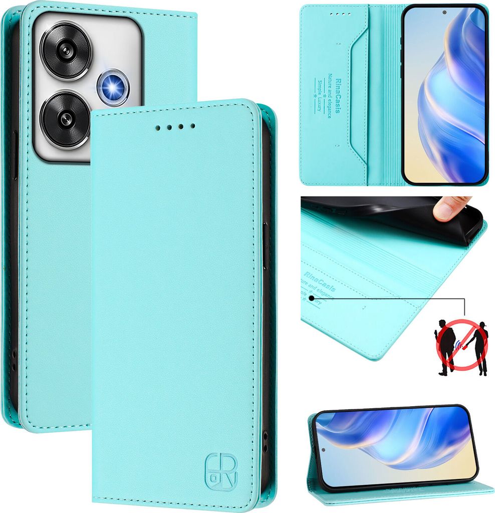 Lederhülle für Xiaomi Poco F6/Redmi Turbo 3 Hülle Flip Brieftasche Kartenfächern Ständer Schutzhülle Türkis