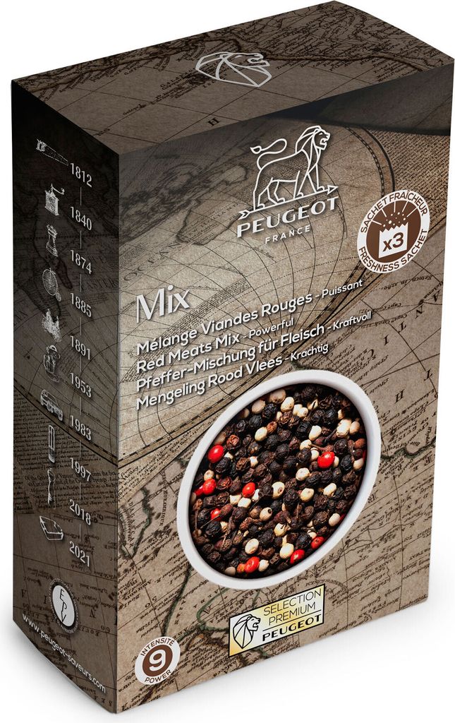 Peugeot Mischung für rotes Fleisch, Pfeffermischung, Pfeffer, Gewürz, Für Peugeot Pfeffermahlwerk, 3 x 20 g Beutel, 42707