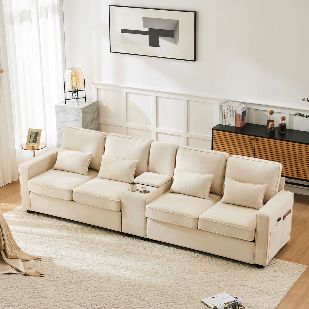 MERAX 4-Sitzer mit Seitentaschen und Getränkehälter XXL-Sofa mit USB,Chaiselounge,Polstermöbel mit Zierkissen