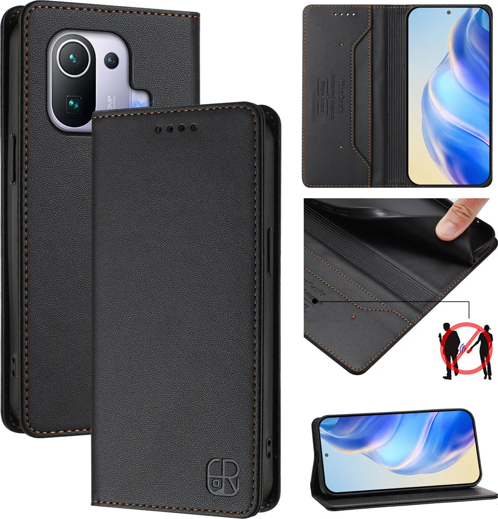 Custodia in pelle per Xiaomi 11 Pro, flip case con slot per carte, portafoglio e supporto Nero