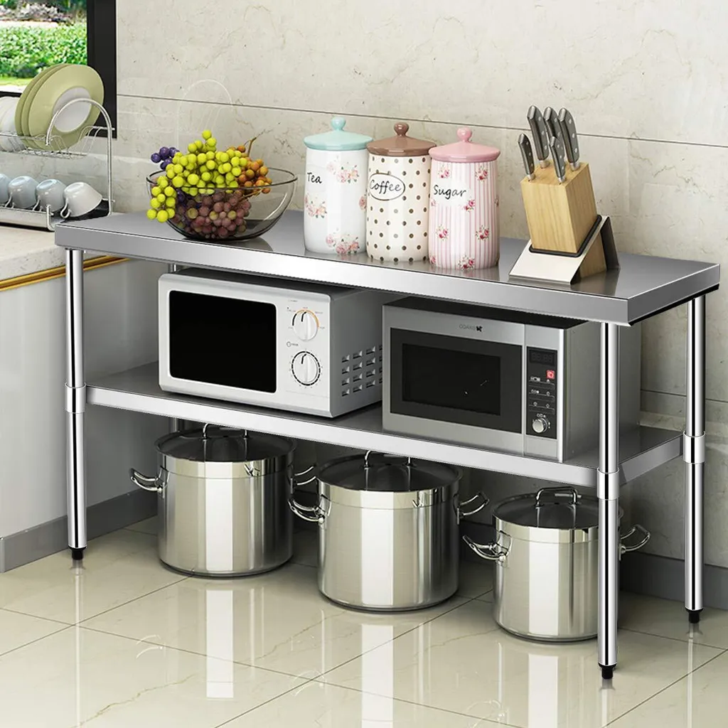 Table en Inox avec Étagère Intermédiaire Ajustable et Pieds Stables - 3