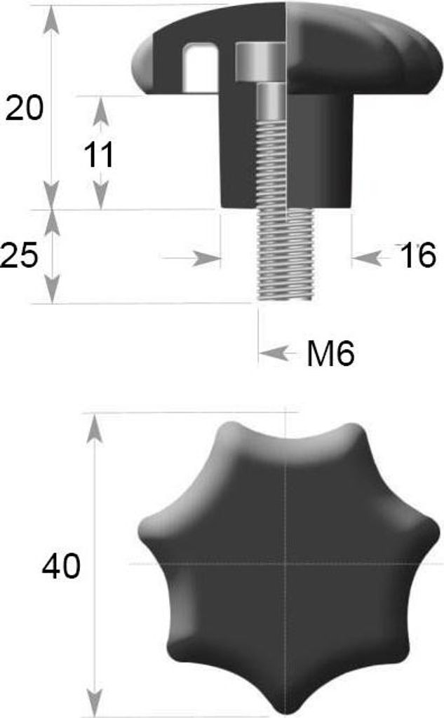 7SG40-AG6x25 sieben Ecken Kunststoff Sterngriff Dm 40 mm Griff Gewindestift Stahl verzinkt Handrad