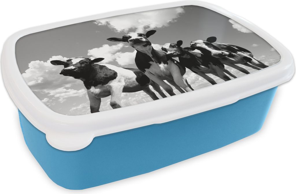 KitchenYeah Lunchbox Brotzeit Brotdose 17x11 cm Vier Friesische Kühe unter bewölktem Himmel - schwarz-weiß Kinder Brotzeitdose - Lunch - Kunst...
