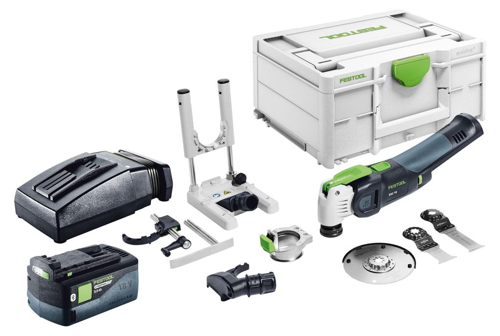 Festool OSC 18 E-Basic-Set Akku Oszillierer 18 V Starlock Max Brushless + 1x Akku 5,0 Ah + Ladegerät + 7 tlg. Zubehör Set + Systainer