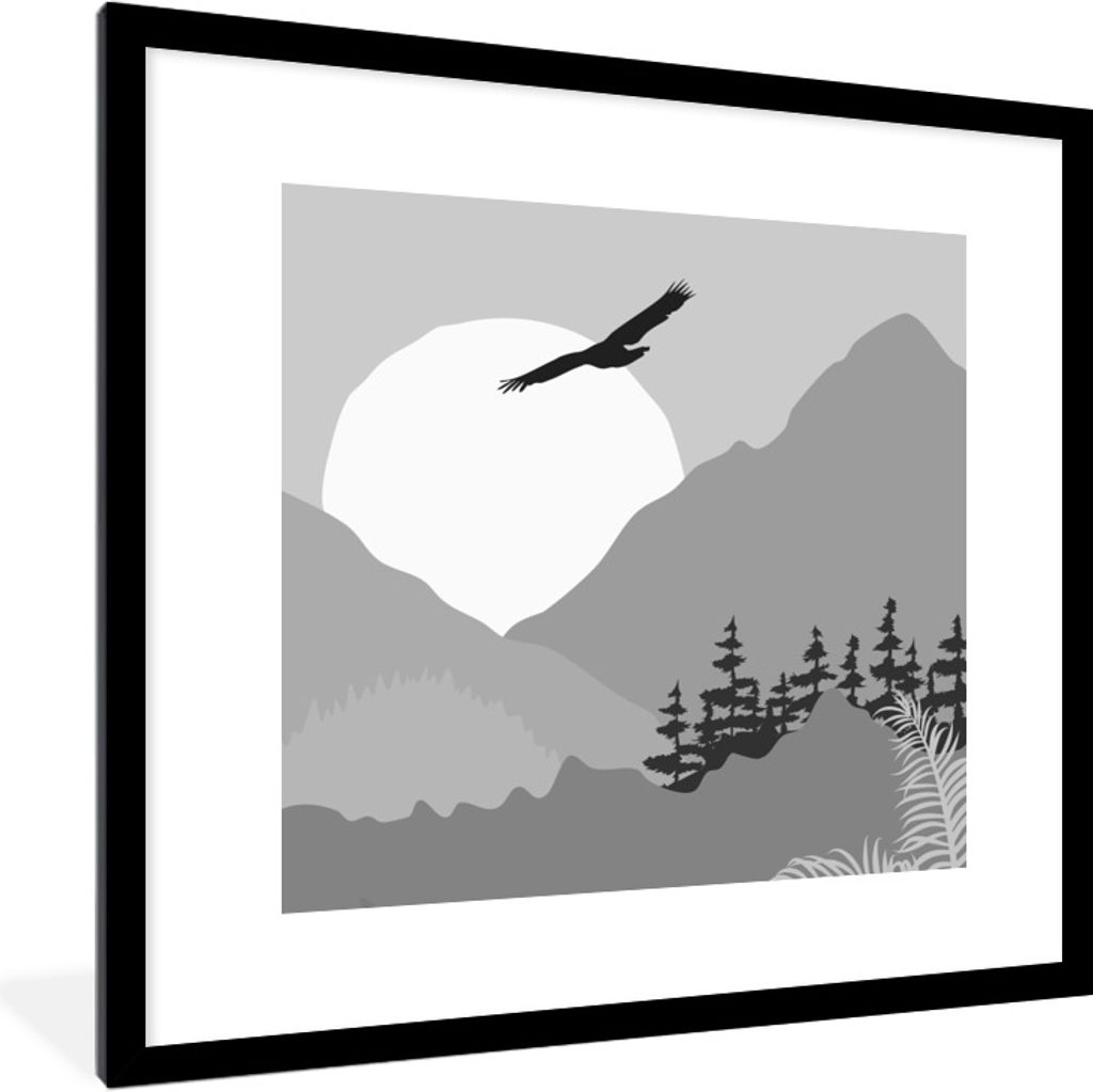 MuchoWow Gerahmtes Poster Amerika - Falke - Schwarz - Weiß 40x40 cm - Poster mit Schwarzem Bilderrahmen Wandposter Rahmen Foto Bilder - Poster -...