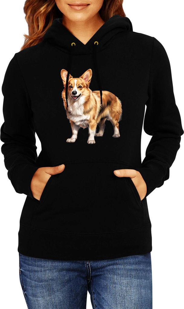 Damen Kapuzenpullover Dogs Breeds Pembroke Welsh Corgi Dog Breed 005, Lady S / Schwarz