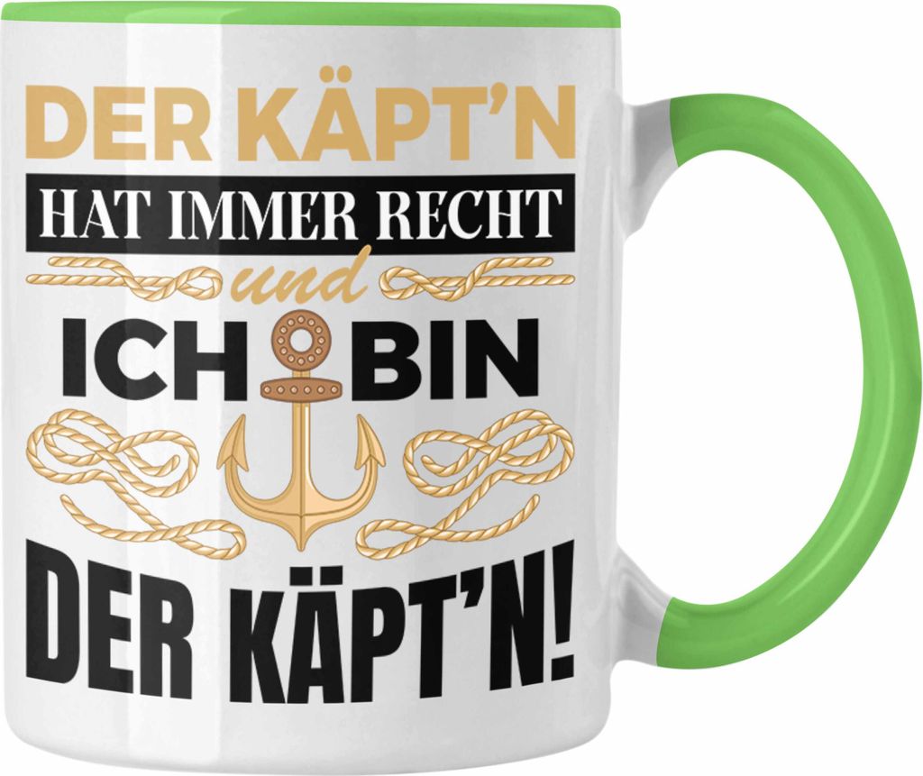Trendation - Kapitän Tasse Geschenk Käptn Lustiger Spruch Bootsfahrer Sportboot Herren Segler Segeln Motoboot (Grün)