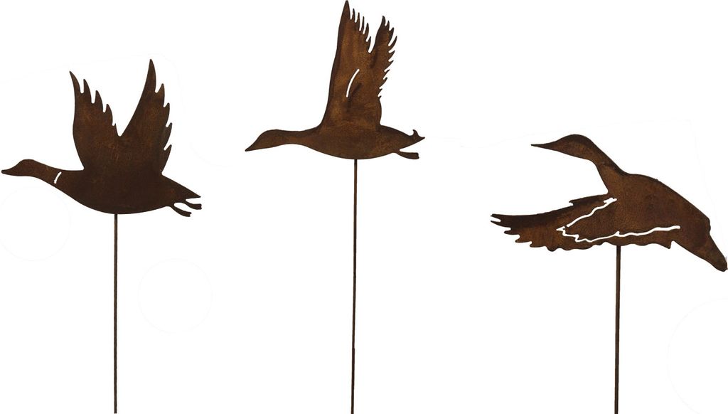 Gartenstecker Fliegende Enten 3er Set Metall Edelrost Produktbild 