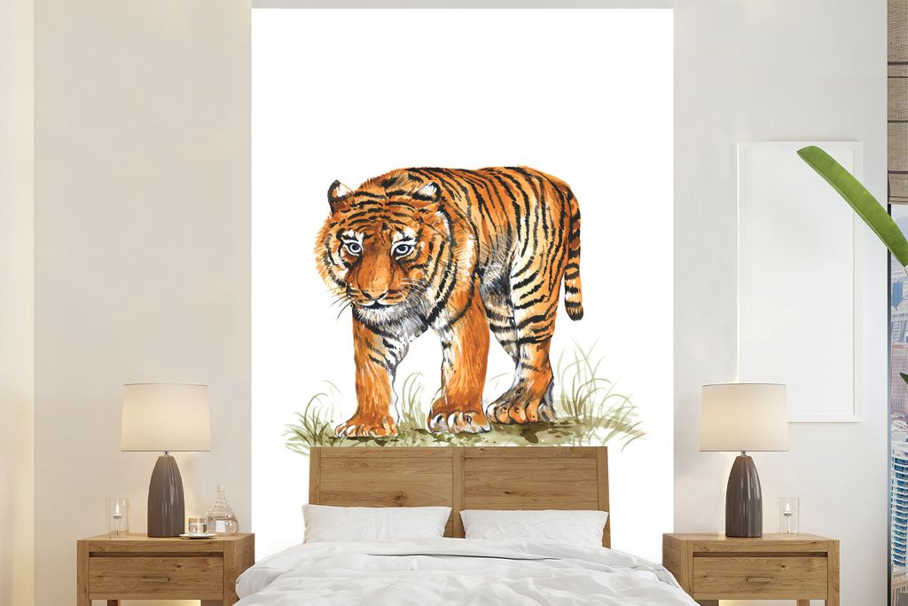 MuchoWow Fototapete für Wohnzimmer oder Schlafzimmer Wandtapete Vinyl Motivtapete Tiger - Kopf - Gras - 155x240 cm - Tapete