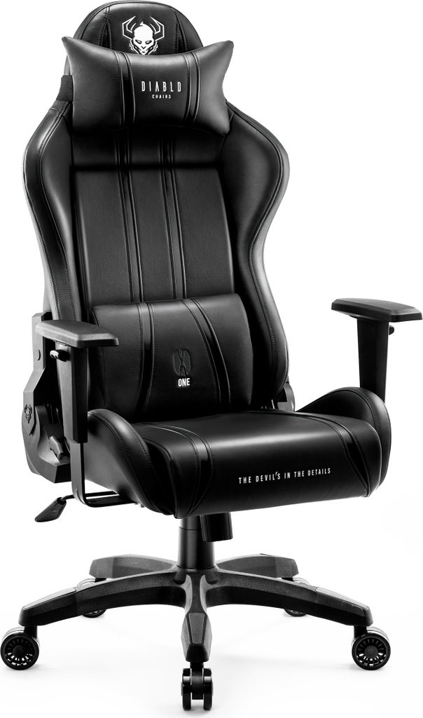 A black gaming chair is shown against a white background.
