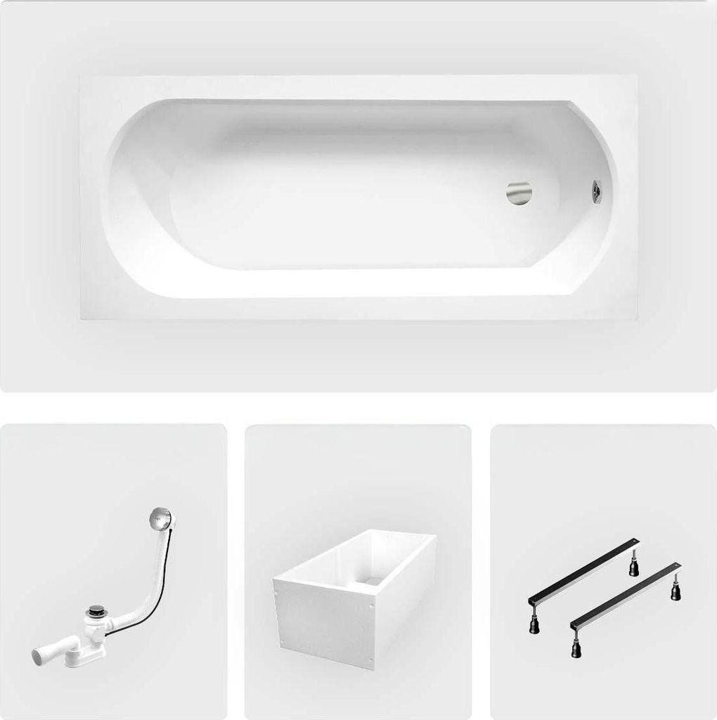 Rechteckige Badewanne - 160 x 75 cm - mit Polystyrol-Verkleidung - Füße - Chromablauf - INTRICA