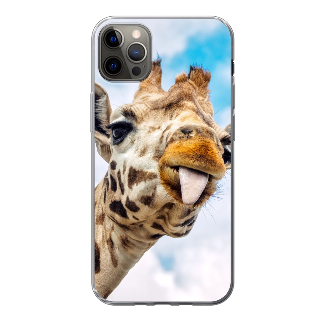 MuchoWow Handyhülle Schutzhülle Hülle für iPhone 12 Pro Max Giraffe - Lustig - Zunge - Kinder - Jungen - Mädchen - Kind Silikon Softcase Han...