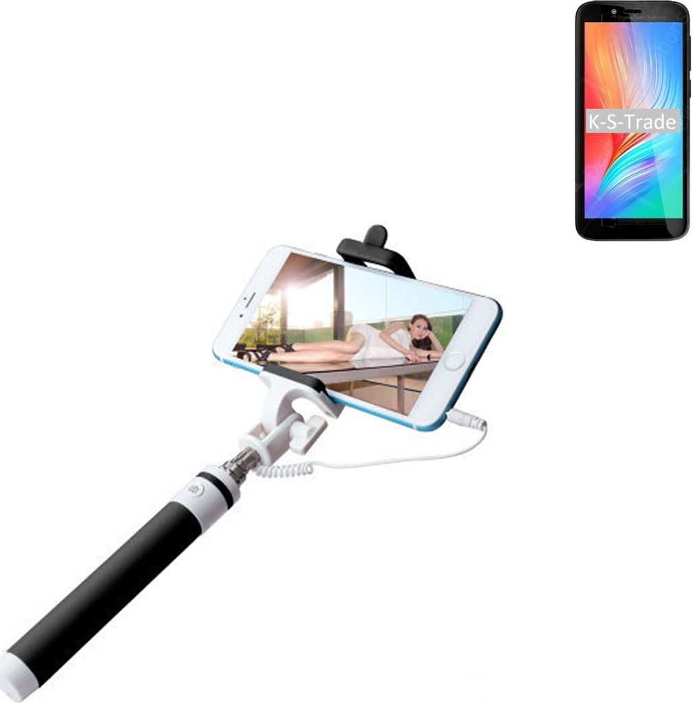 K-S-Trade Selfie Stick kompatibel mit Gigaset GS3 Selfiestick kabelgebunden Monopod mit Kabel Stab Stange Selfportrait Handheldstick schwarz 1x