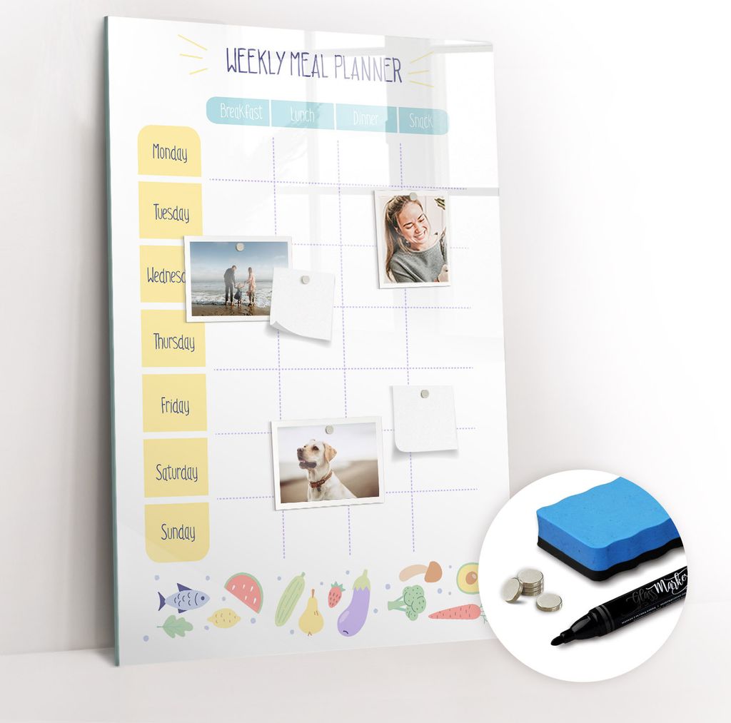 Magnetische Wandtafel - Schwarzer Marker + Schwamm + Magnete - 60 x 90 cm - Wöchentlicher Essensplaner