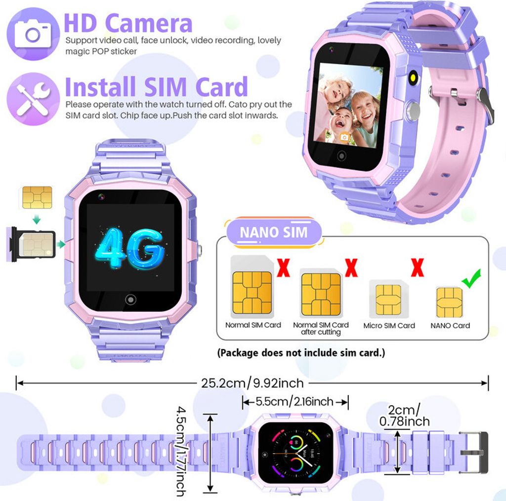 (Lila) T32 4G Smartwatch für Kinder, Telefonuhr mit Kamera, Produktbild 4