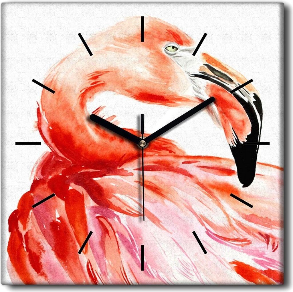 Coloray Uhr auf Leinwand 30x30 cm Wand Uhr Dekoration Wohnzimmer Segeltuch schwarze Hände -Flamingos Tiere Bird.