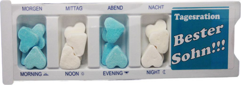 Tablettenbox Bester Sohn gefüllt mit Traubenzucker Herzen Produktbild 