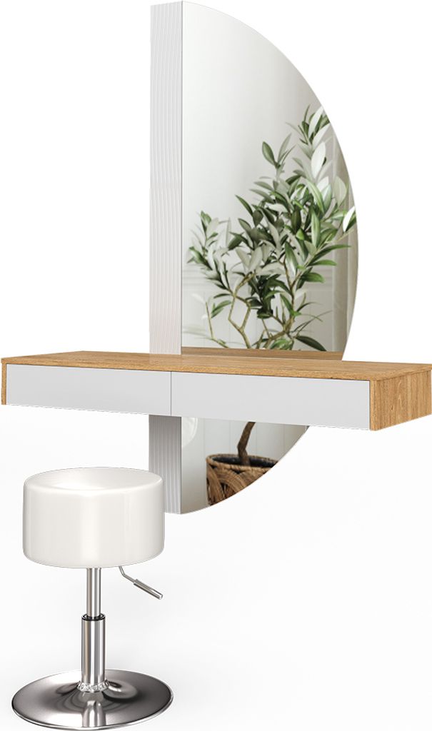 A white and wood vanity table with a large mirror and a white stool.