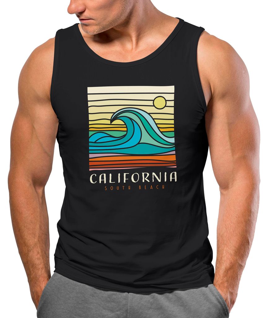 Herren Tank-Top California South Beach Welle Wave Surfing Print Aufdruc Muskelshirt Neverless schwarz XL