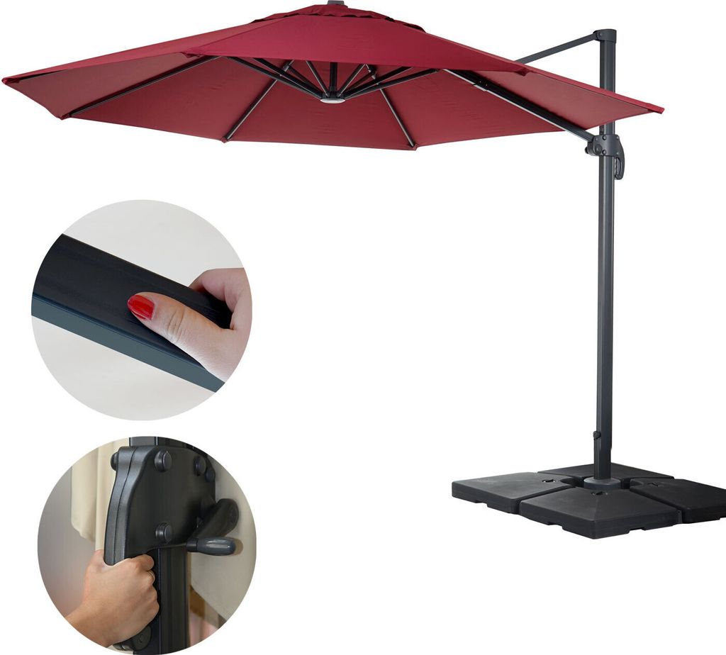 Gastronomie-Ampelschirm HWC-A96, Sonnenschirm, rund Ø 3,5m Polyester Alu/Stahl 26kg bordeaux mit Ständer