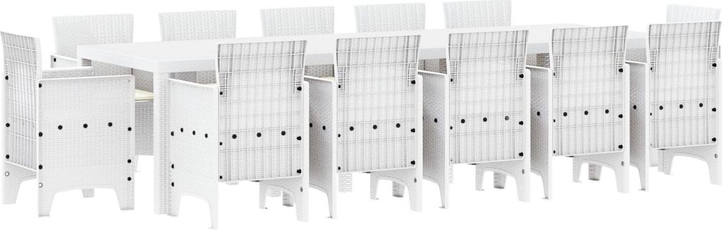 Langlebige 13-teiliges Garten Esstisch Set mit Kissen Weiß Poly-Rattan, Gartentisch Weiß 150x100x73 cm Poly-Rattan, Gartenstühle mit Kissen 4 St...