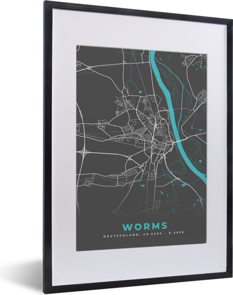 MuchoWow Gerahmtes Poster Stadtplan - Worms - Deutschland - Karte 30x40 cm - Poster mit Schwarzem Bilderrahmen Wandposter Rahmen Foto Bilder - Wa...
