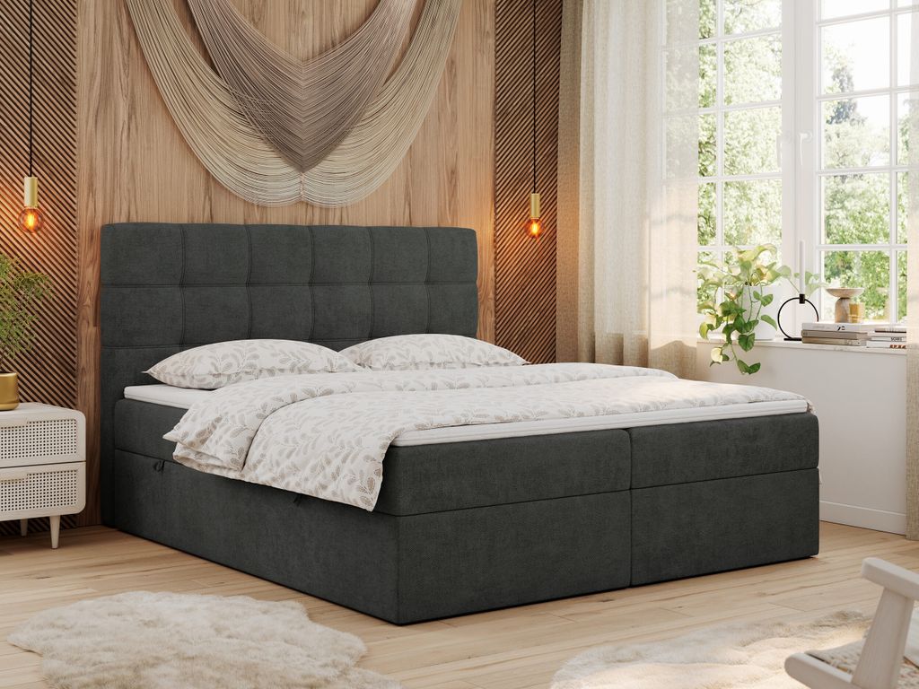 MKS MEBLE Boxspringbett 180x200 mit Matratze, Bett mit Multipocket - Matratze H4 und Topper, Polsterbett 180x200 mit Bettkasten und Kopfteil, ERNI ...