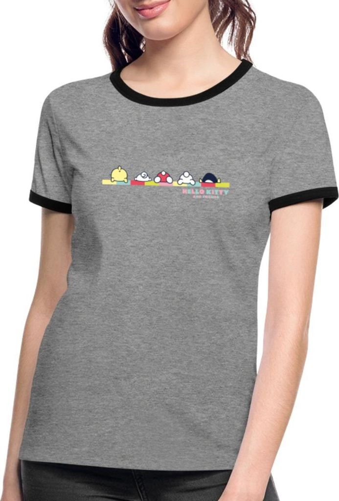Spreadshirt Hello Kitty And Friends Pose Frauen Kontrast T-Shirt, XL, Grau meliert/Schwarz