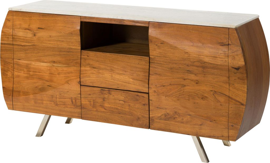 MASSIVMOEBEL24 Sideboard Akazie 154x40x75 natur lackiert / Marmor weiß MONTREAL #126
