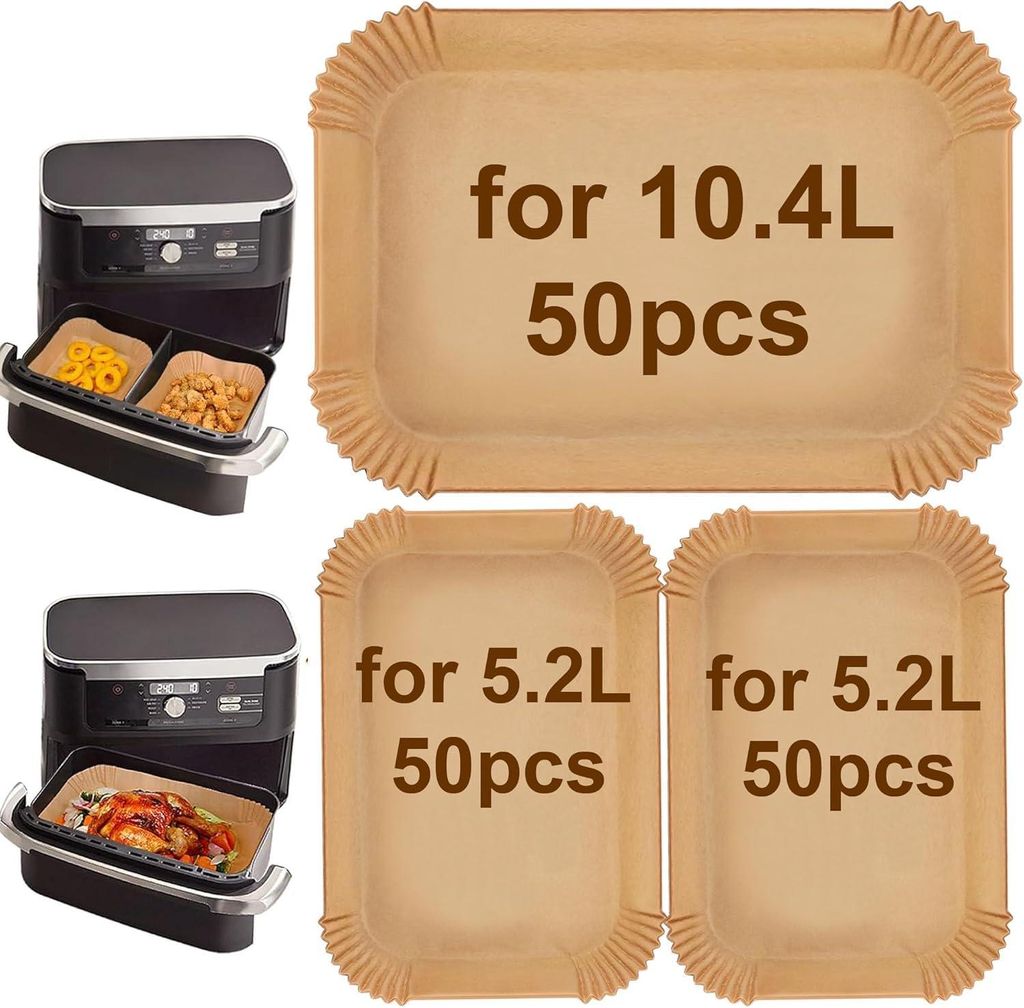 2-in-1-Set Backpapier für Heißluftfritteusen: 150 Stück (50 Stück für 10,4 Liter + 100 Stück für 5,2 Liter) – Ideal für Ninja FlexDrawer ...