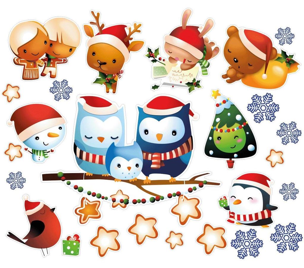 Weihnachtsaufkleber mit einer Eulenfamilie und ihren Freunden – Weihnachtsaufkleber zum Aufkleben – Festtagsdekoration – 30 x 35 cm