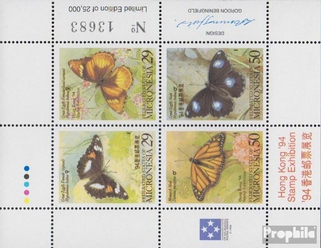 Briefmarken Mikronesien 1994 Mi 340-343 Kleinbogen (kompl.Ausg.) postfrisch Schmetterlinge