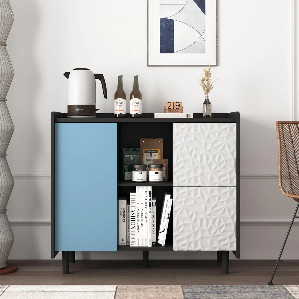 Buffet noir et bleu à 2 tiroirs avec étagères ouvertes pour coin café