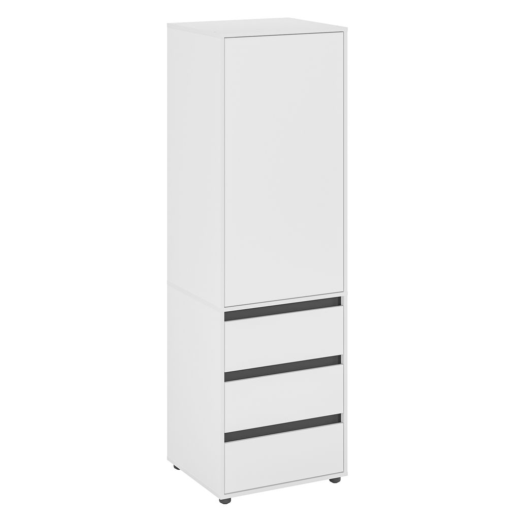 A tall, narrow white cabinet with a single door on top and three drawers below, each with a black handle.