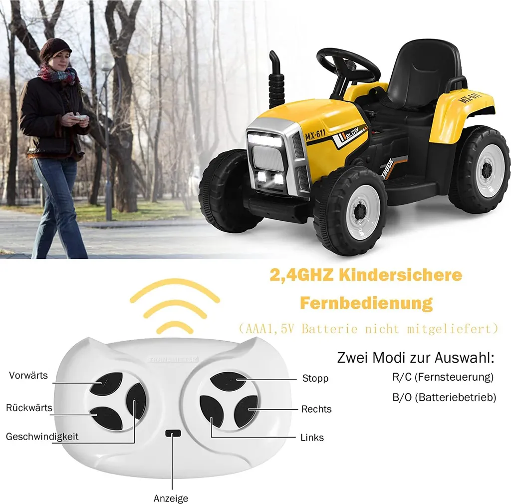 Tracteur électrique 12V jaune avec 3 vitesses et télécommande parentale - 2
