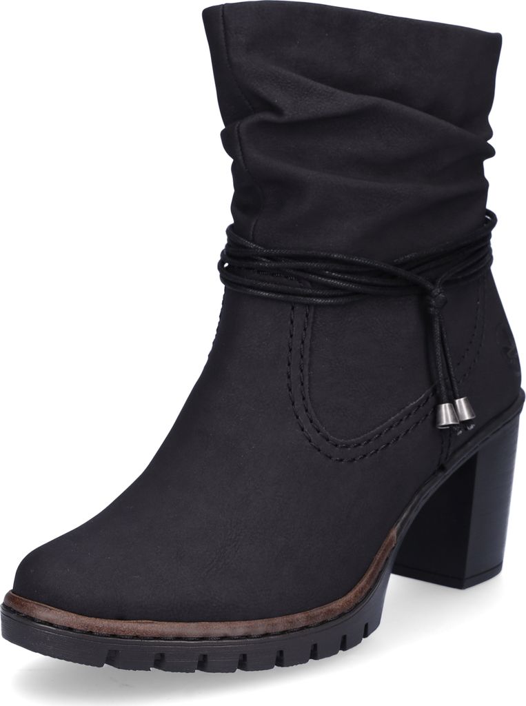 A black women's boot with a block heel and decorative lacing.