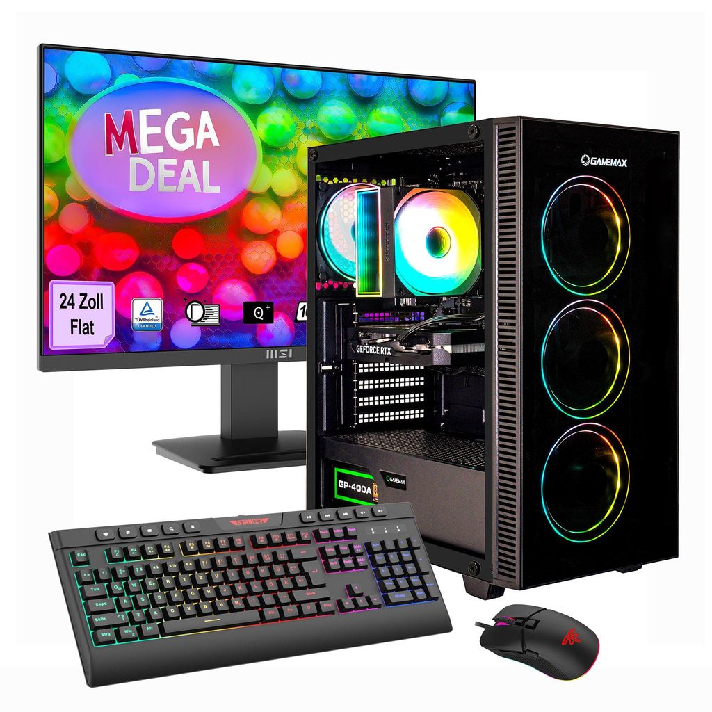 GAMEMAX MegaDeal Draco XD Komplett-SET 2692 7794 Ryzen 5 5500 16GB RAM 1TB SSD RTX 5060 Windows 11 + MSI PRO MP2412 Monitor 60cm (24") ink Maus & Tas.