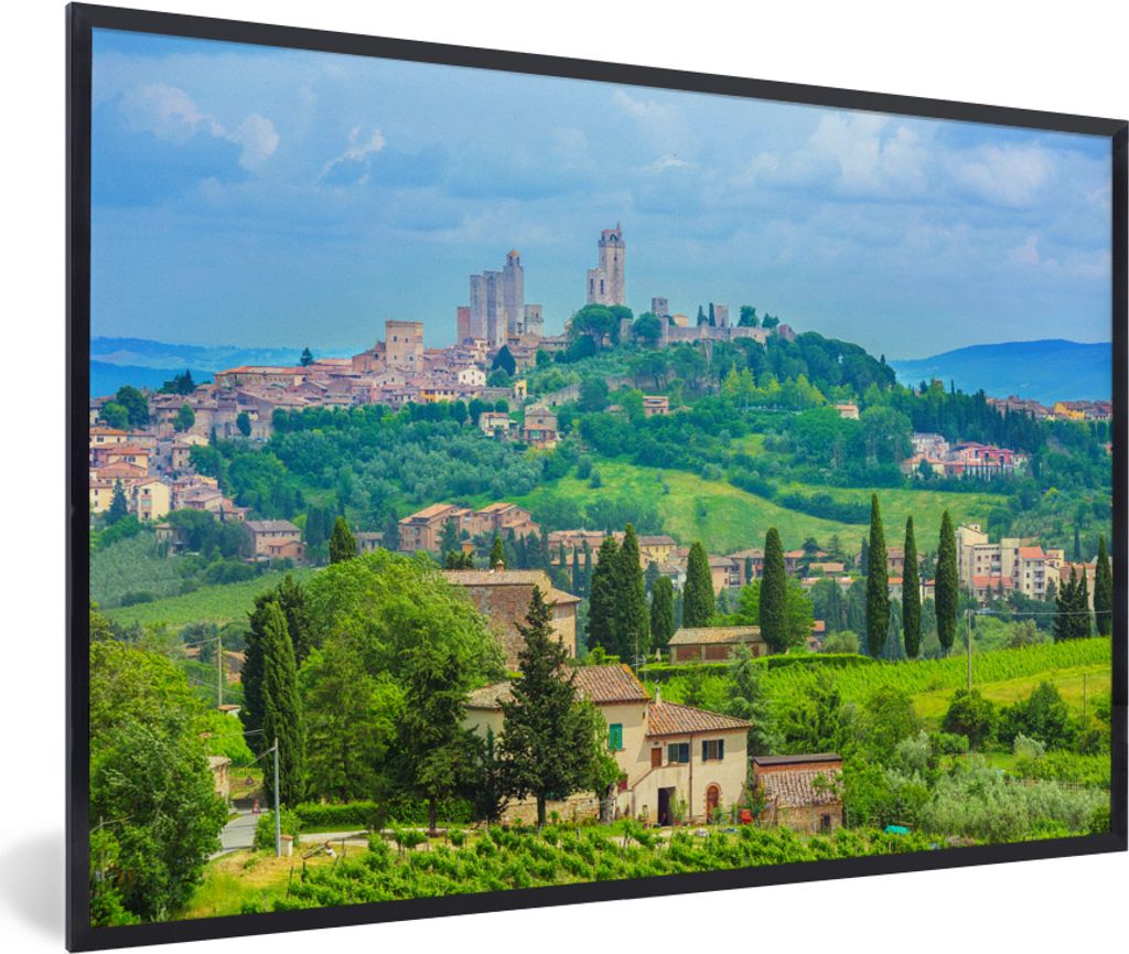MuchoWow MuchoWow Gerahmtes Poster Die Hügel von San Gimignano in der Toskana 60x40 cm - Poster mit zchwarzem Bilderrahmen - Printing - Wandde...