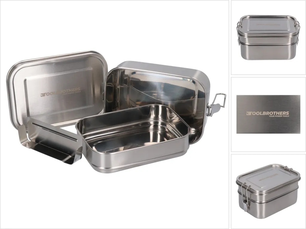 Toolbrothers Ventaglio in acciaio inox con 2 ripiani e coperchio in acciaio inox 1340 ml
