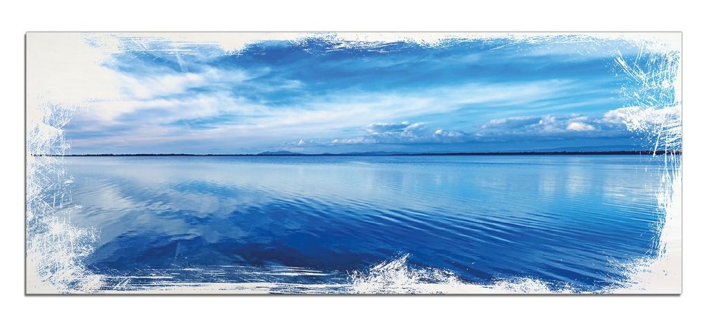 Wallario Kunstdrucke Wandbilder Holz in : Brillante Farben, Größe 50 x 125 cm Motiv Blaue Meeresbucht in Italien mit Spiegelung im Wasser