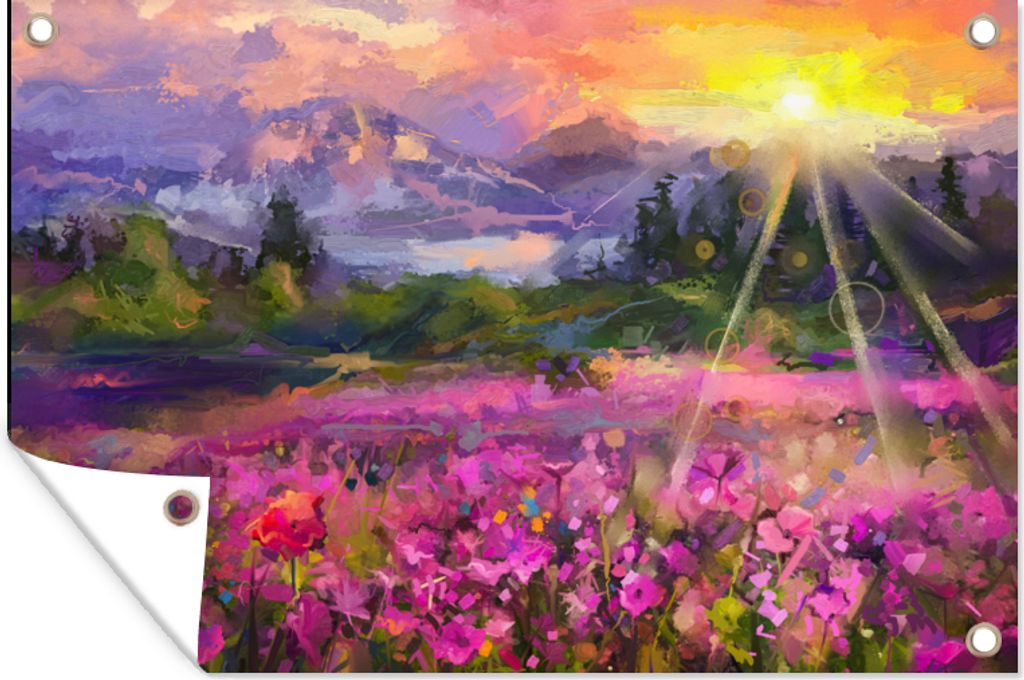 MuchoWow 90x60 cm Outdoor-Poster Gartendeko Sichtschutz Garten Poster für den Garten Gemälde - Ölfarbe - Blumen - Natur - Sonne