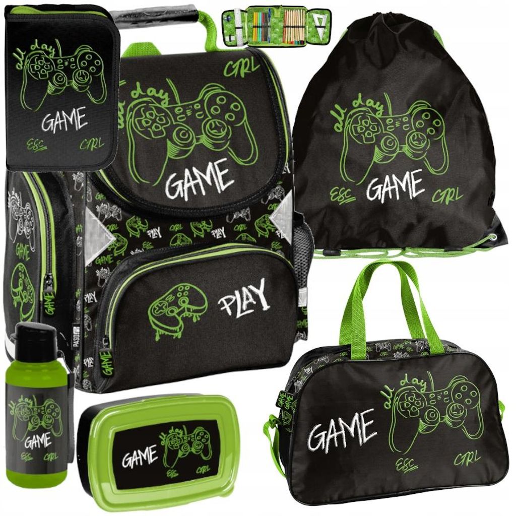 Schulranzen 6-tlg. Set für Mädchen & Jungen GAME PADS – Paso Ranzen, Mäppchen, Tasche, Flasche, Frühstückstasche
