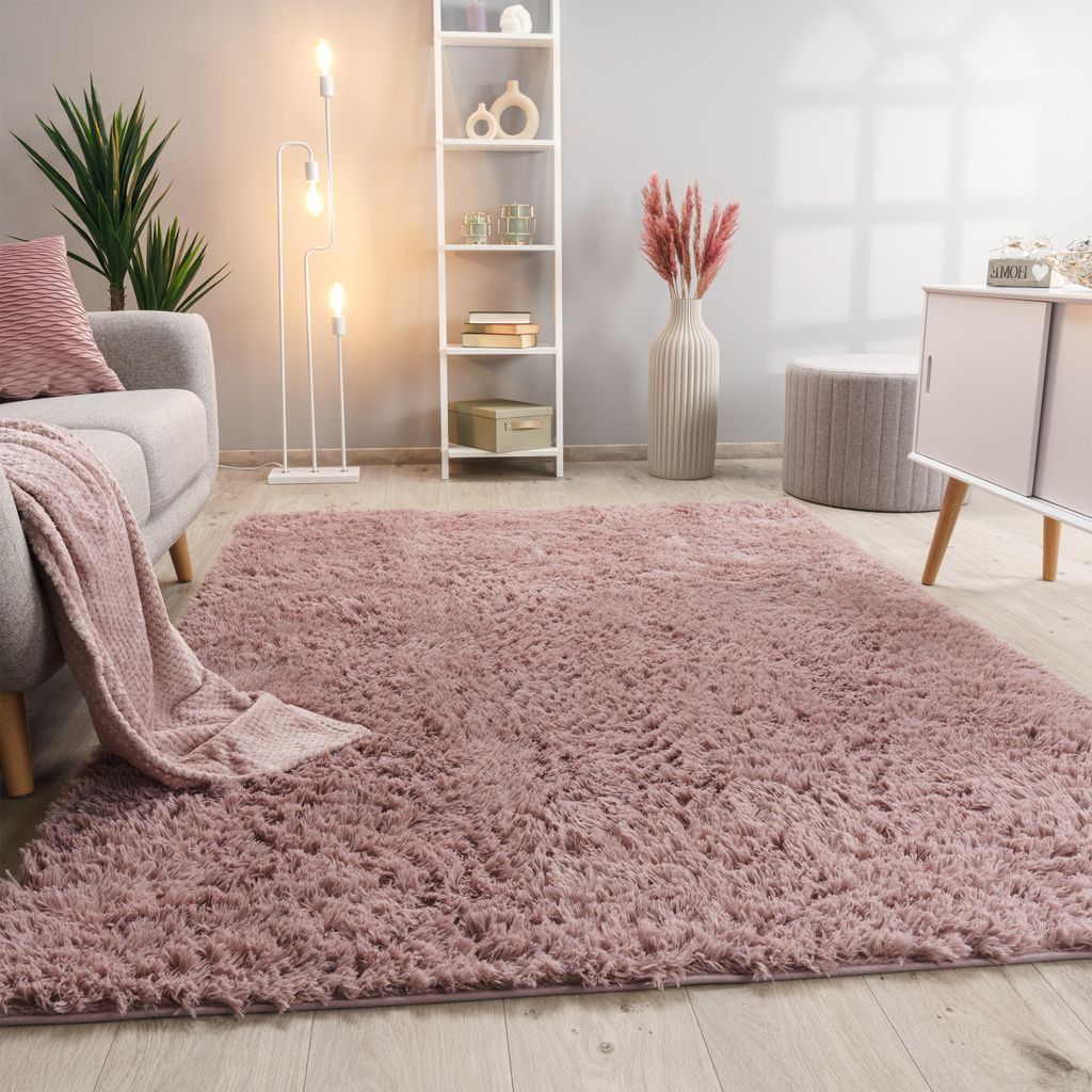 Hochflor Teppich Wohnzimmer Fellteppich Kunstfell Shaggy Flauschig Rosa Grösse 120x160 cm