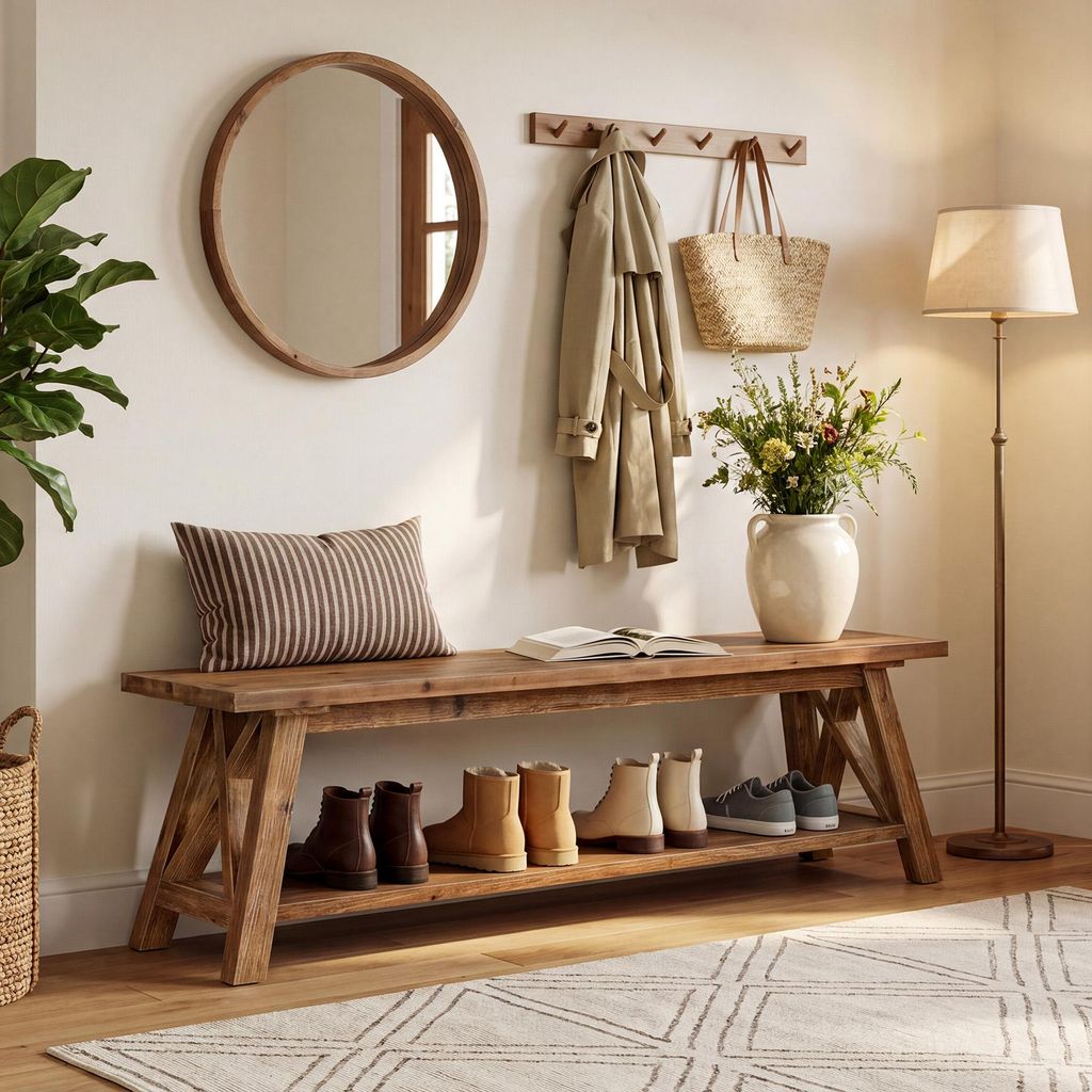 Massive Holz-Eingangsbank, 140 cm lange Schuhbank im Produktbild 