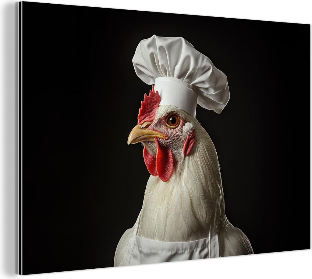 MuchoWow Wanddekoration Metall Metallbild Wandkunst 30x20 cm Koch - Rot - Huhn MuchoWow Aluminium Gemälde - Aluminiumgemälder