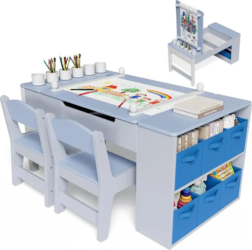 Table et chaises enfants 3 en 1 en bois bleu et gris avec 6 bacs