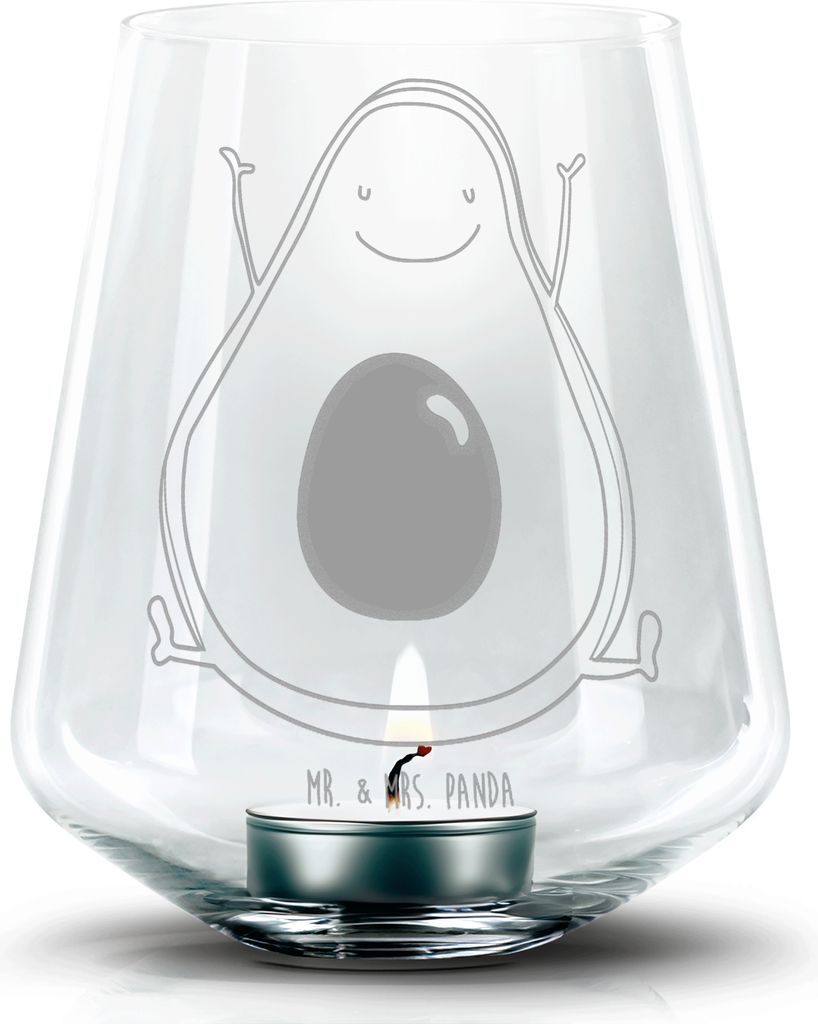 Mr. & Mrs. Panda Teelichthalter Avocado Glücklich - Transparent - Geschenk, Kerzenhalter, Freude, Chaos, gravur glas, Frucht, Windlicht, Laterne, ...