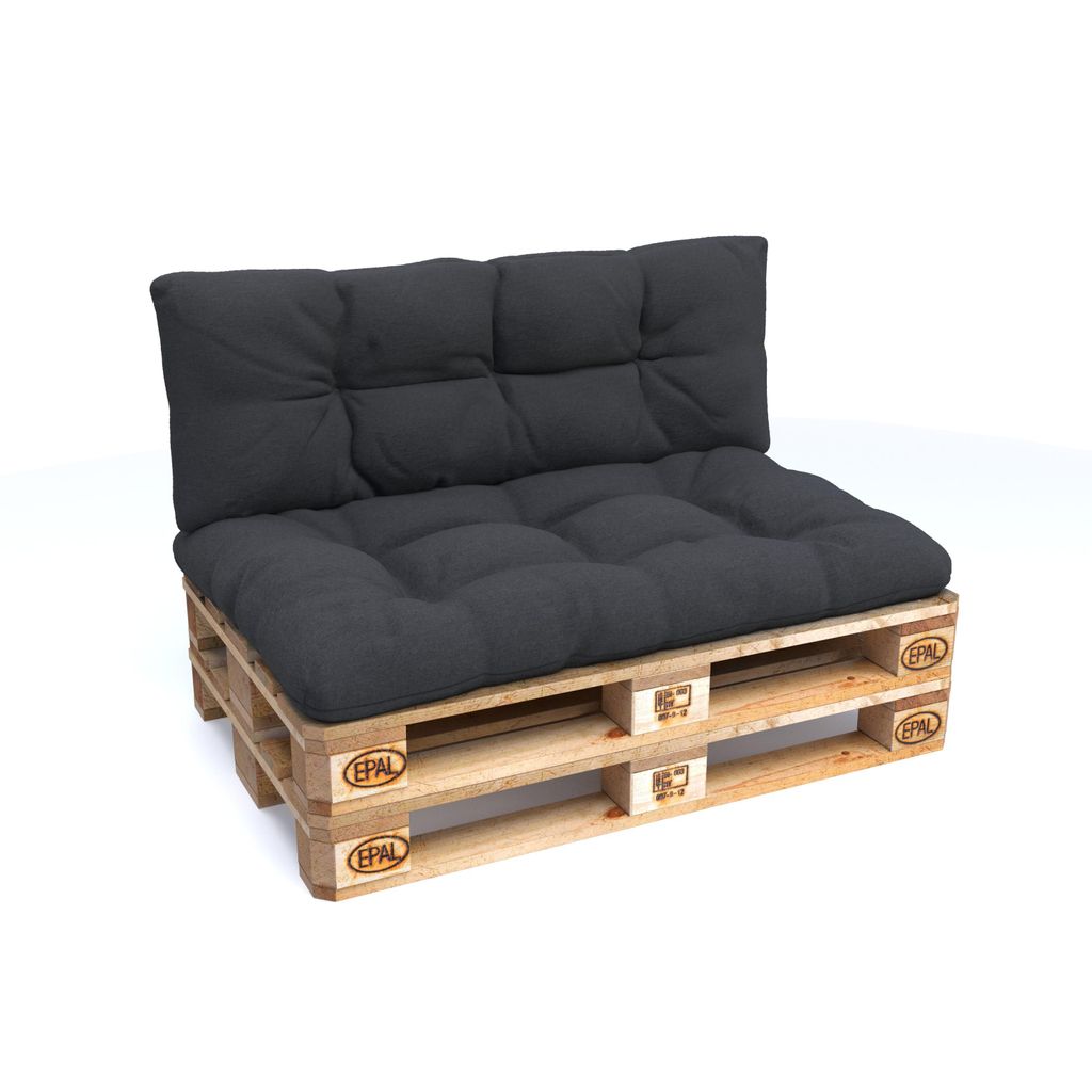 A dark grey pallet sofa cushion set on a white background.