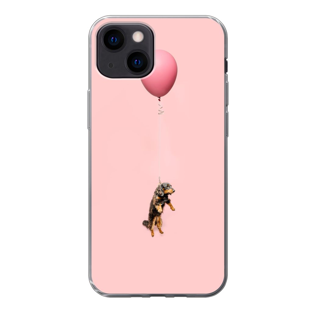 MuchoWow Handyhülle Schutzhülle Hülle für iPhone 13 mini Dackel schwebt durch einen Ballon nach oben Silikon Softcase Handy Hülle - Softcase