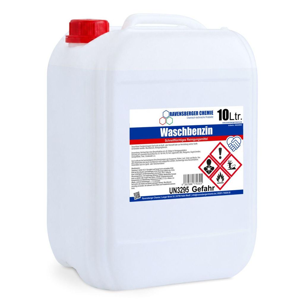 Ravensberger Chemie Waschbenzin Spezialreiniger – stark gegen Fett, Öl, Teer, Kleber, Farbe, Tinte – ideal für Kunststoffoberflächen - 10 Liter